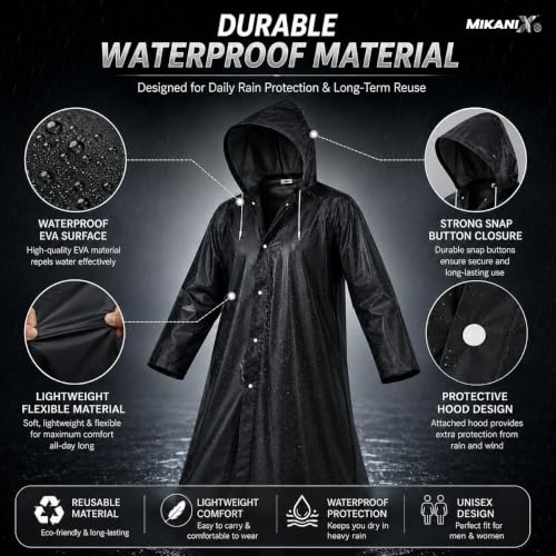 Image of MIKANIX Waterproof Hooded Raincoat for Men & Women | Full Length Reusable PVC Rain Wear | Lightweight Windproof Rain Jacket with Front Button Closure (Pack of 1)