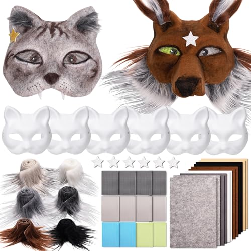 OPPKIE Cat Fox Therian Masks 42PCS with Felt Furs Eye Meshes and Stars Costume Furry Masks to Paint Animal Mask Arts Crafts Kit Dress Up DIY for Halloween Christmas Cosplay Party Interaction