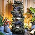 SunJet 40in Outdoor Water Fountain with LED Lights - 4-Tier Polyresin Rock Water Fountain for Home Garden, Yard, Patio, Deck Decor - Soothing Tranquility Floor-Standing Fountain