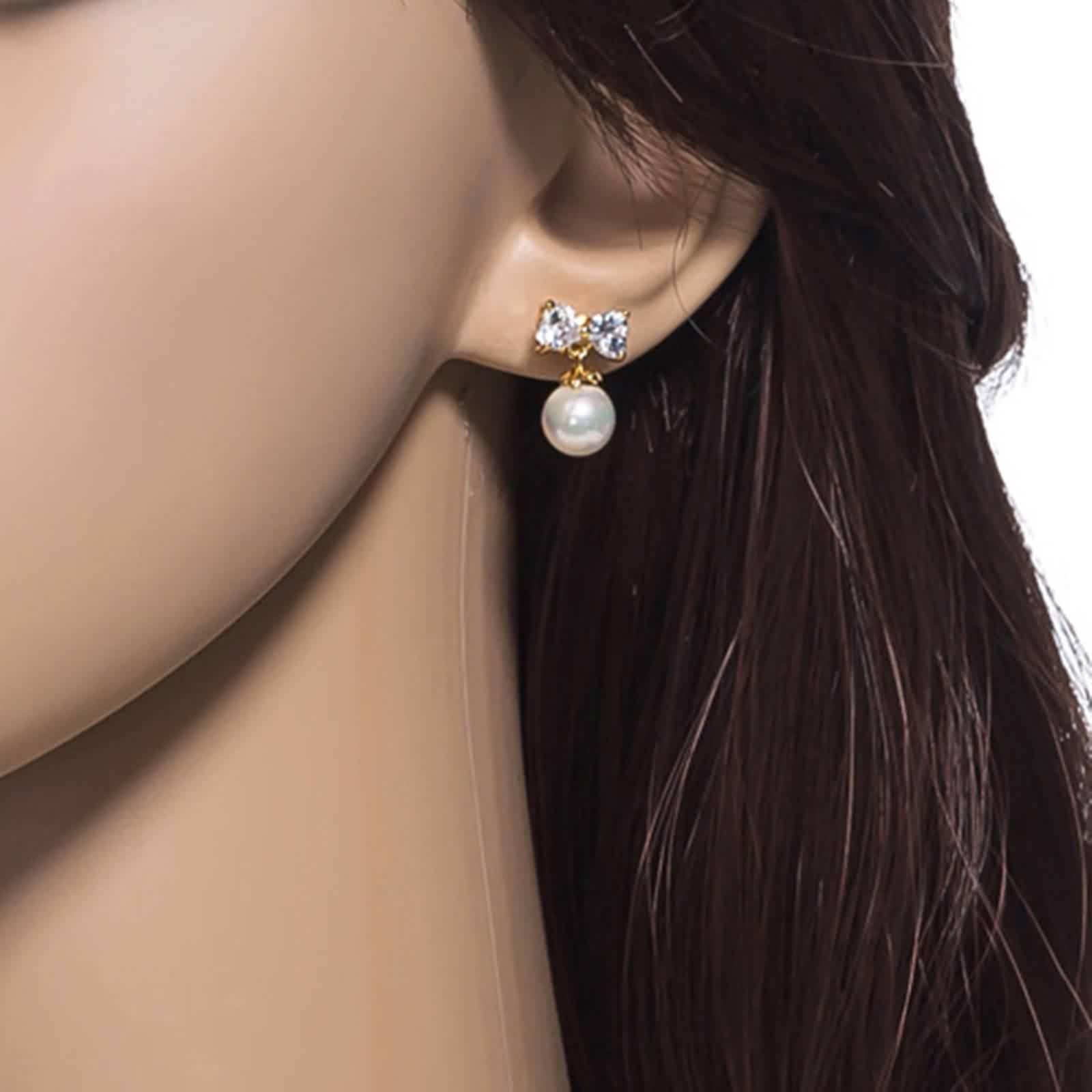Pendientes para Mujer Oro Amarillo 9 K / 14 K / 18 Kt, Lazo y Perla con Moissanita, Pendientes de Mujer Colgante Oro