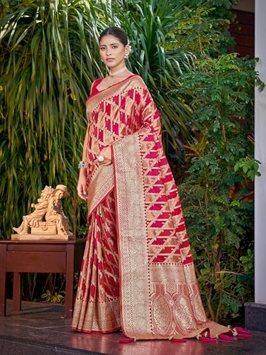 Image of MANOHARI Women's Trendy Banarasi Satin Silk Woven Saree with Heavy Jacquard Work, Elegant Design with Matching Lace Border Unstitched Blouse Piece for Weddings & Festive Occasions
