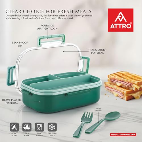 Image of ATTRO Carry Fresh Kids Plastic Lunch Box 3 Compartments & Fork, BPA-Free, Food-Grade, Ideal for School, Picnic, Travel & Outdoor Use- Green, 500 ml