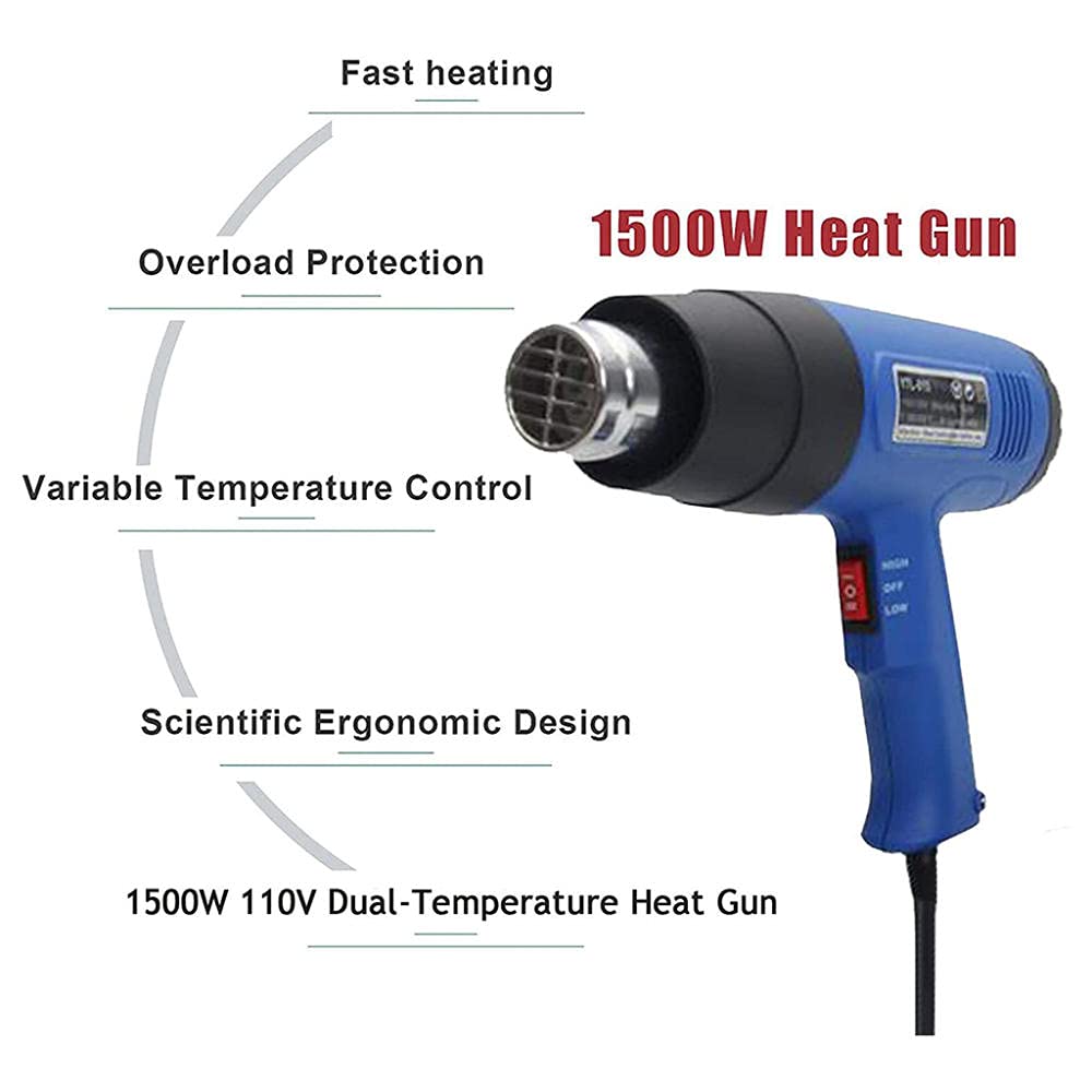 Pistolet à Air Chaud 1500W, Pistolet Thermique avec 4 Buses, avec 2 Contrôles de Température, Noyau Chauffant en Mica, Pistolet à air chaud capable de PVC rétractable, Dégommage, Dessouder