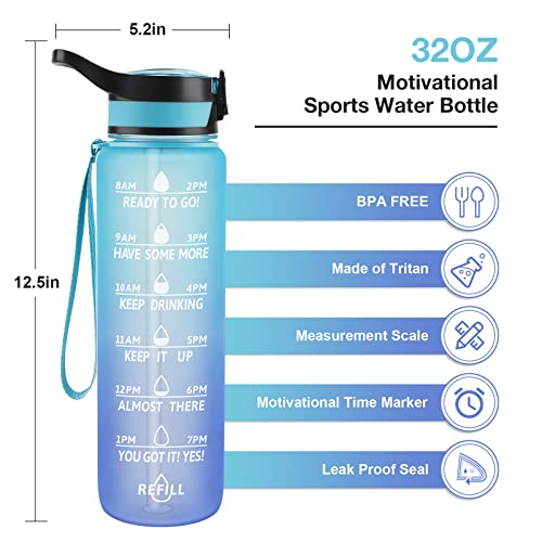 Image of PASER Motivational Water Bottle 32 oz with Straw & Time Marker, BPA Free & Leakproof Tritan Portable Reusable Fitness Sports Water Jug for Men Women & Kids (with Bottle Brush and Straw Brush)