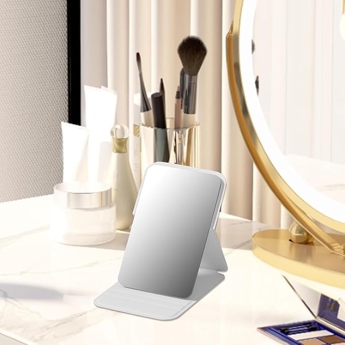 Image of Portable Folding Travel Mirror - Slim PU Leather Makeup Mirror with Adjustable Stand - Lightweight Pocket-Size Vanity Mirror for Purse, Desk, or Travel Use (7 x 10.5 cm) (Grey)