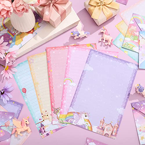 Image of TaoBary 160 Pcs Unicorn Theme Stationery Paper and Envelopes Set 50 Double Sided Lined Stationery Paper with 50 Matching Envelopes and 60 Round Dot Sticker 5.5 x 8.25'' Letter Writing Kit, 10design