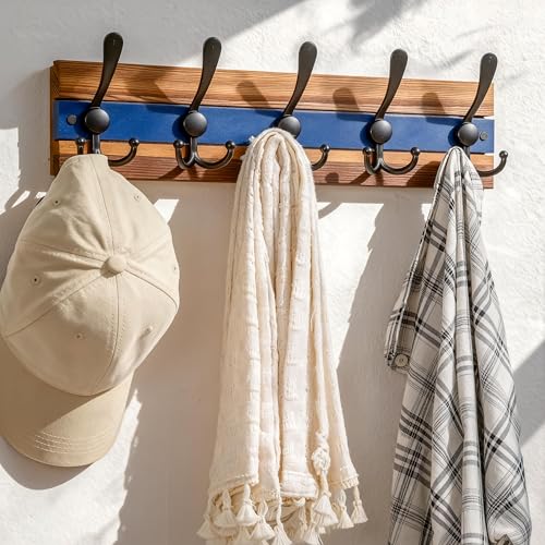 Image of SKOLOO Rustic Wall Mounted Coat Rack - 16-7 /8 inch Long Coat Hooks for Wall with 5 Triple Hooks for Hanging Coats, Hats or Tools, Western National Parks Collection, Wood Brown & Blue, Pack of 2