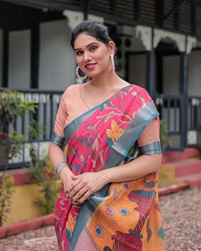 Image of Kaugalian store Linen Cotton Floral Printed Saree for Women with Unstitched Blouse Piece | 5.5 M Saree & 0.8 M Blouse