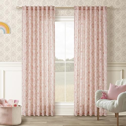 Image of Pink Linen Floral Curtains 84 Inches Long 2 Panel Set for Living Room | Semi Sheer, Light Filtering, Printed Curtains, Blush Pink Flower Pattern, Farmhouse, Boho, Drapes for Cute Girls Bedroom