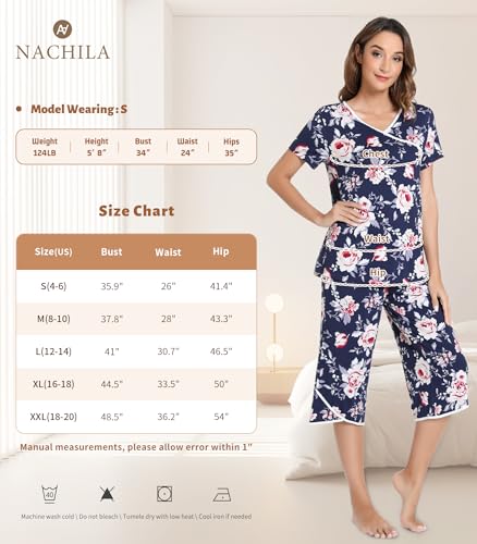Image of NACHILA Bamboo Viscose Pajamas for Women Lace V Neck Capri Pants Pjs Set