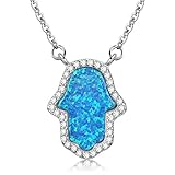 Kaletine Hamsa Hand of Fatima Pendant Necklace Sterling Silver 925 Synthetic Opal Cable Chain 16'+2'...