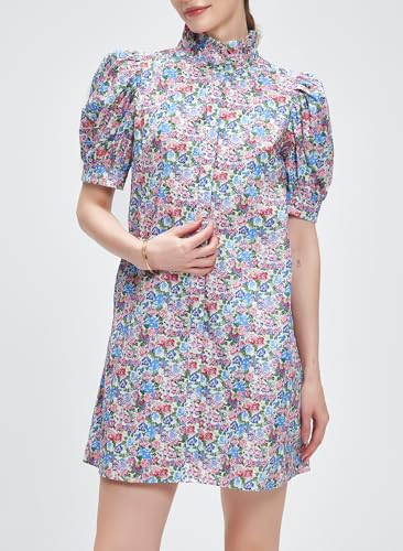 Image of Ladyful Women's Summer Floral Shift Short Sleeve Button Front Mini Dress | puff sleeve, ruffle stand neck, boho style, beach vocation, 100% cotton, loose fit, shirt sundress