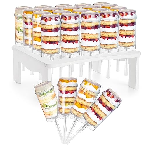 Jucoan 24 Pack Push Cake up Pop Containers with Lids and 20 Holes Cake Pop Stand, Plastic Push Cake pop Container with Holder for Weddings Baby Showers Birthday Easter Party Dessert Table