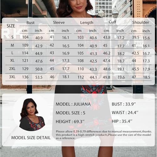 Image of Grosy Women's Embroidered Mexican Fiesta Dress Plus Size Traditional Floral Boho Dresses for Women Peasant Hippie Outfit