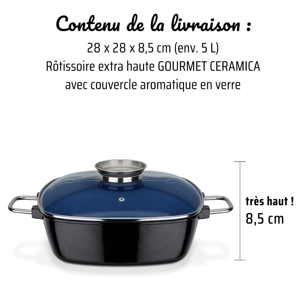 GSW Rôtissoire carrée Ceramica – rôtissoire avec Couvercle, idéale pour mijoter, étuver et rôtir, également pour Induction et Four – Bleu, Fonte d'aluminium, 5 litres