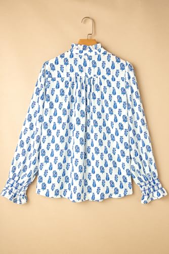 Women's Sky Blue Boho Floral Printed Lantern Sleeve Frilled Neck Shirred Shirt4