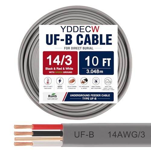 Image of 14 /3 UF-B Wire - 10FT 100% Pure Copper 14AWG 3 Connector Direct Burial Electrical Cable for Underground Feeder Wet or Corrosive Locations Indoor & Outdoor etc