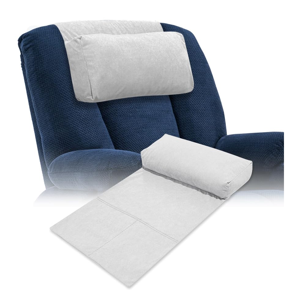 Mybow Gray Neck Pillow For Recliner Headrest Protector Cover, Soft Neck Support Pillow For Recliner Chair, Couch Sofa Headrest Reclining Pillow, Adjustable Recliner Cushion For Pain Relief With Pockets
