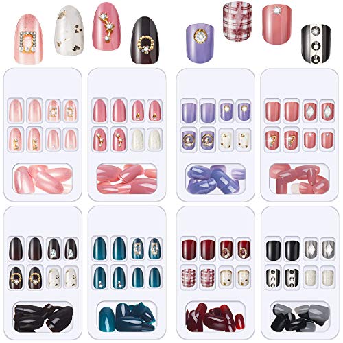 192 Pieces 8 Boxes Short Oval Press on False Nails Square False Nails with Rhinestone Glossy Artificial Nails Full Cover Fake Nails for Nail Art DIY Decor, 2 Styles (Classic Pattern)