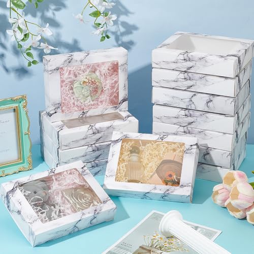 BENECREAT 15 Packungen 17.5x13.5x3.5cm Marmor Weiß Kraftpapier Bäckerei Box Mit Durchsichtigen PVC Fenster Geschenkbox Für Schmuck Speicher Display, Hochzeit, Valentinstag