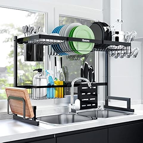 Kitsure Over-The-Sink Dish Drying Rack 2-Tier with Adjustable Length Design (33.4-39.4in),Multifunctional Dish Rack for Over-Sink Use, Stainless Steel Dish Rack, Space-Saving Sink Dish Drying Rack Cover