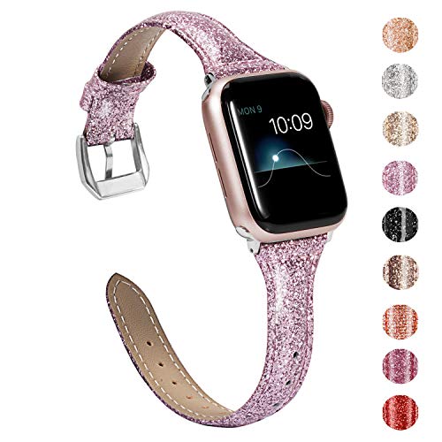Wearlizer Rose Pink Thin Glitter Leather Compatible with Apple Watch Bands 38mm 40mm