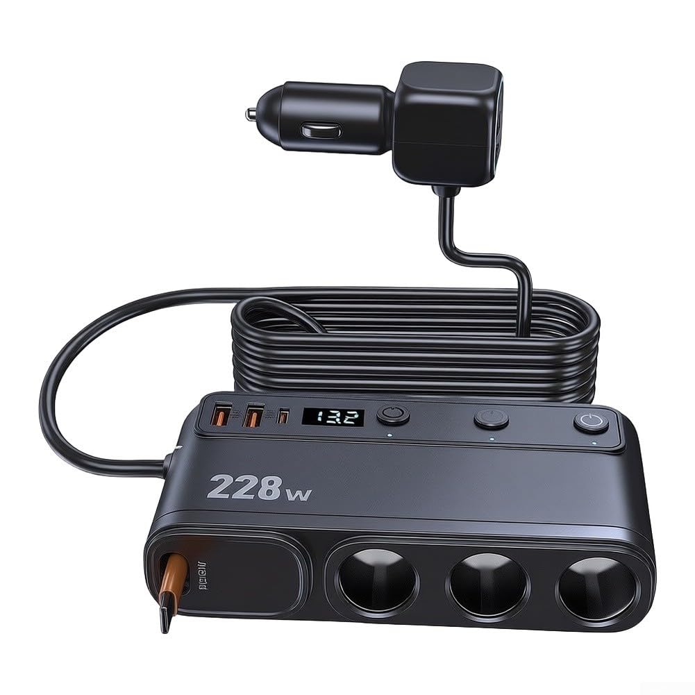 Chargeur de voiture répartiteur avec câble rétractable de 65 cm, adaptateur de charge rapide PD 45 W, double ports USB pour iPhone pour Samsung, distributeur d'alimentation de véhicule 12 V-24 V