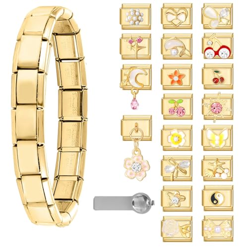 ITingstere Italian Charms Bracelet Sets with 1Pcs Gold Brascelet 22Pcs Charms 9mm Italian Modular Charm Bracelet DIY Module Jewelry Gifts