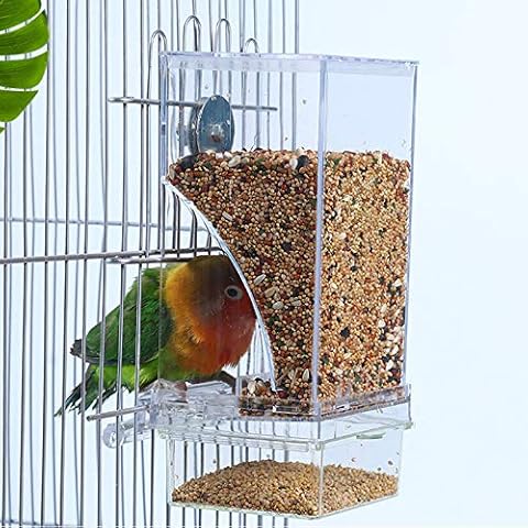 Hamiledyi No Mess Bird Cage Feeder Automatic Parrot Seed Feeders with Perch Acrylic Transparent Seed Food Container Cage Accessories for Small and Medium Parakeets Lovebirds Cover
