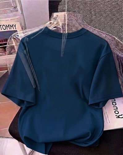 Image of Women's Typography Round Neck Cotton-Blend T-Shirts, Oversized Drop Shoulder Boho Style T-Shirt