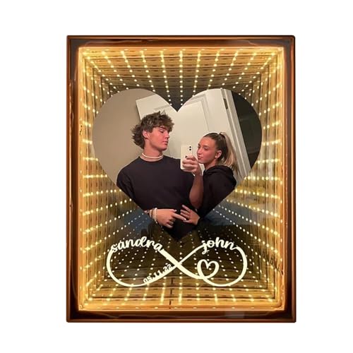 CraffBase Personalized 3D Light Up Mirror with Couple Photo LED Name Picture Frame Make Up Mirror Creative Love Gifts for Girlfriend Wife Women Valentine Wedding Anniversary Birthday