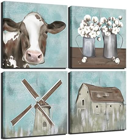 FuShvre Farmhouse Canvas Wall Decor Vintage Barn Cottage Cow Windmill Pictures Prints Rustic Farm Painting Framed 12" x12 Teal