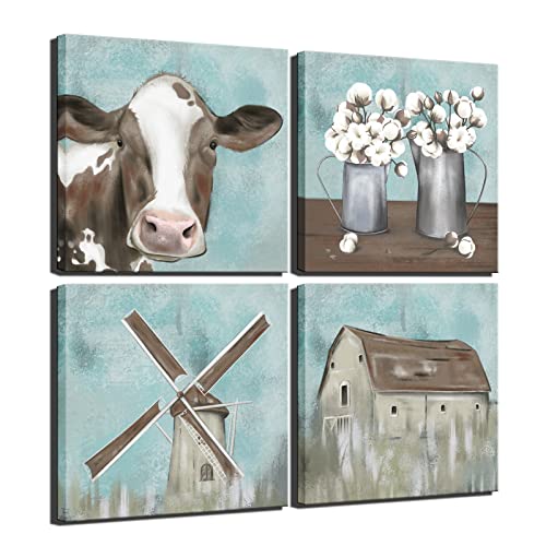 Fushvre Farmhouse Canvas Wall Decor Vintage Barn Cottage Cow Windmill Pictures Prints Rustic Farm Painting Framed 12" X12 Teal #TOP2