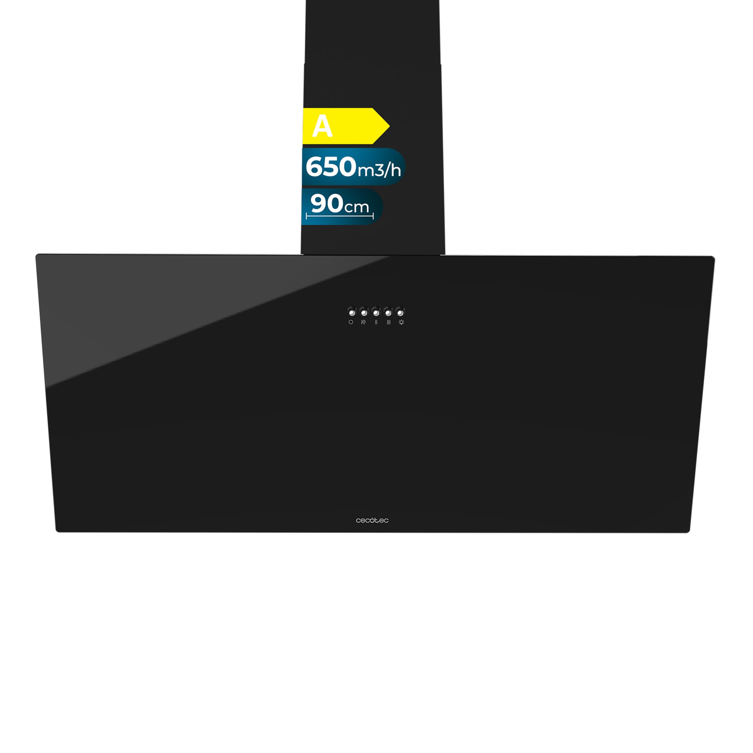 Cecotec Decorative Hood 90 cm Bolero Flux DM 906500 Glass Black A. Motor 165W, Low Consumption, Front Glass Black, Suction 650m3/h, Mechanical Control, 3 Levels Power, Light and Carbon Filter