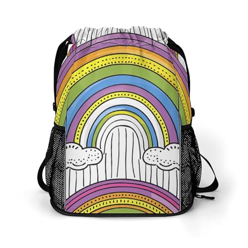 Drawstring Gym Backpack with Shoe Compartment And Wet Pocket, 28L Lightweight Waterproof Rainbow And Clouds Sports Backpack for Workout Swim Beach Travel String Bag for Men Women