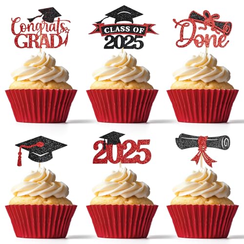 EMORBALS 36 Pcs Graduation Cupcake Toppers 2025, Class of 2025 Cupcake Toppers, Glitter Cake Toppers(Style-3)