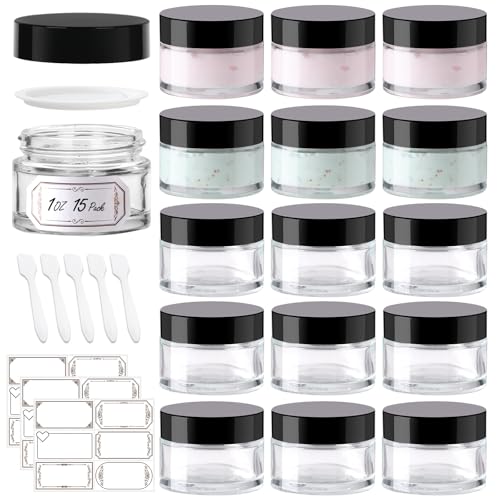 15 Pack 1 oz Glass Jars with lids, Clear Cosmetic Jars with Inner Liners and Black Lids, Lotion Jars, Candle Making Jars for Lotions, Scrubs and Cosmetic, Lables and Spatulas Include