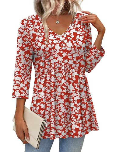 Image of OFEEFAN 3 /4 Length Sleeve Womens Tops 2026 Blouses for Women Dressy Casual Fashion Clothing V Neck Babydoll Tops Fall Outfits