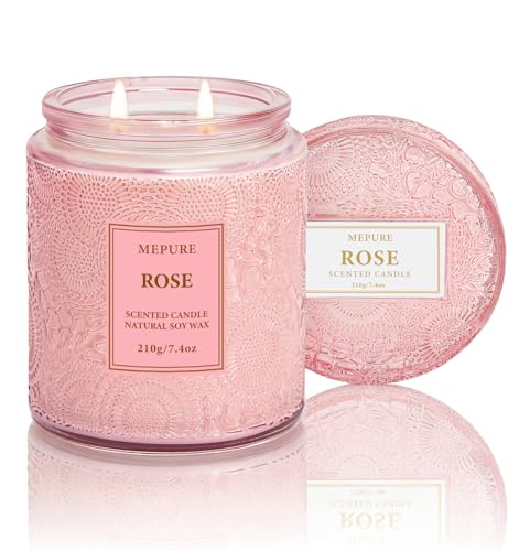 Bougie Parfumée Fleurie Verte en Cire de Soja, 210 g, Coulée à la Main, Double Mèche en Coton, Parfum Doux et Élégant, Pot en Verre Rose, Idée Cadeau...