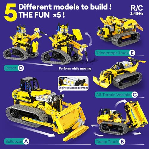 Image of LECPOP 5 in 1 STEM Robot Toy Building Kit, 452 PCS Blocks App & Remote Control Engineering Toys Robotics for Kids Ages 8-12, RC Bulldozer Erector Sets for Boys Girls 6 7 9 10 11 13 14+ Birthday Gifts