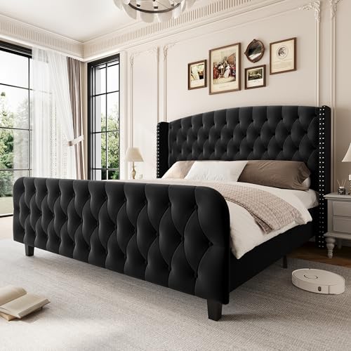 GarveeHome 51 in Tall King Size Bed Frame with Deep Button Tufted Wingback Headboard and Footboard, Velvet Upholstered Platform Bed Frame, No Box Spri