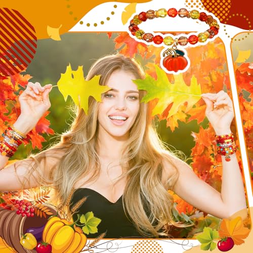 Henoyso 62 Pcs Fall Clay Beaded Bracelets Thanksgiving Friendship Bracelets Bulk for Women, Autumn Stackable Vinyl Disc Elastic Layering Surfer Heishi Stretch Wristband for Party Favor Supplies Gifts2