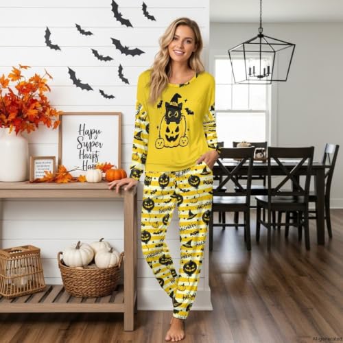 Image of Women's 2 Piece Printed Pajama Set Long Sleeve Sleepwear Set with Long Pants Casual Lounge Sets with Pocket
