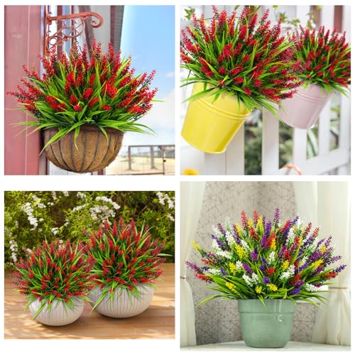 Image of 24 Bundles Artificial Flowers for Outdoors Fake Lavender, Red | UV resistant, plastic faux lavender with monkey grass, outside planter window box garden patio front porch home decor