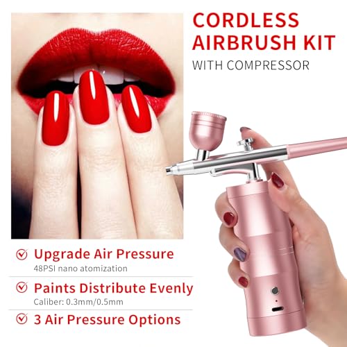 Image of Airbrush Kit with Compressor Portable Airbrush Kit 48PSI High-Pressure Non-Clogging Air Brush Set Cordless Rechargeable with 0.3mm Nozzle and Cleaning Brush for Painting,Nail Art, Makeup (Pink)