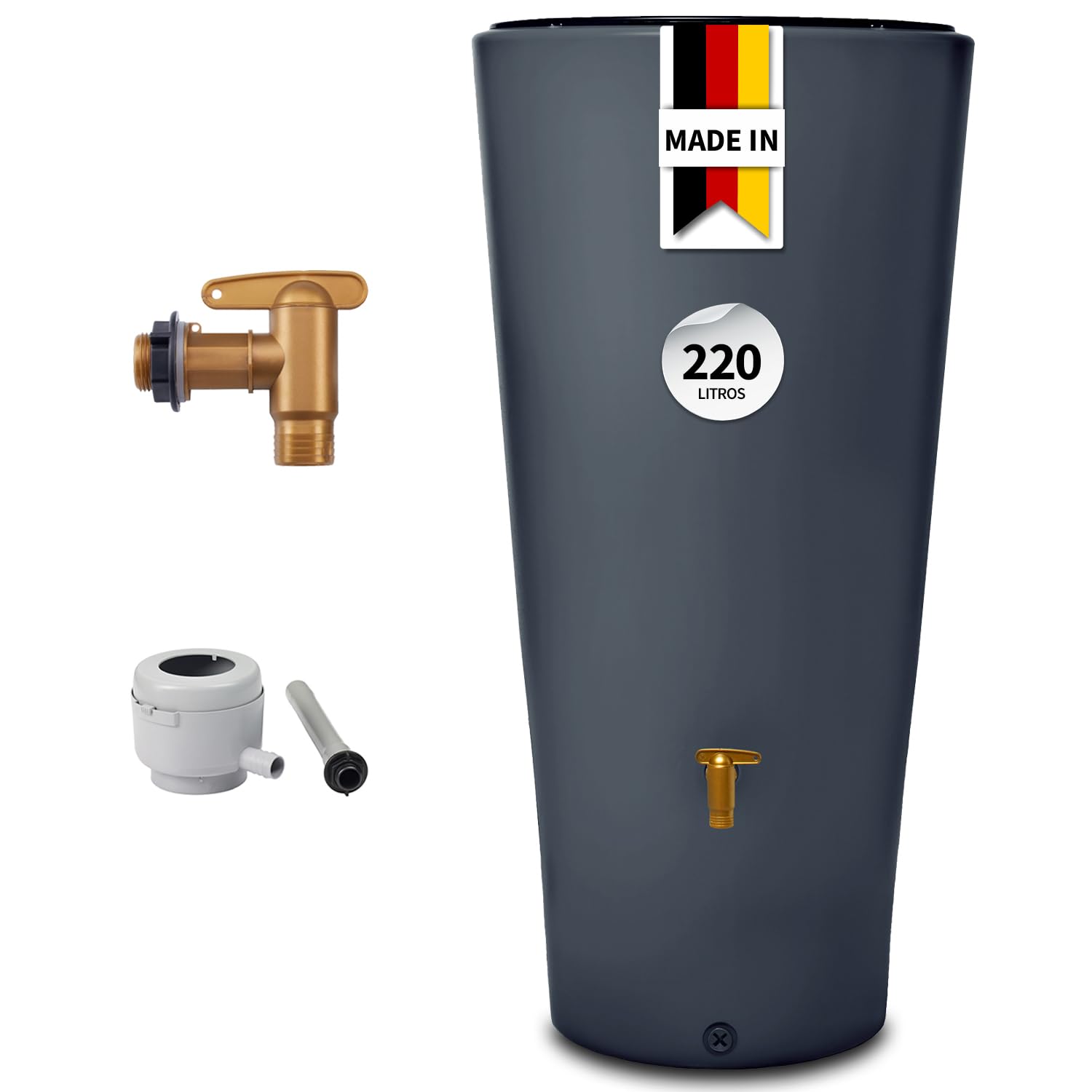 4rain Vaso 2en1 depósito de Agua de Lluvia 220 L Graphite Grey Incl. Grifo de plástico y conexión al bajante - riego sostenible - decoración integrada extraíble - conexión automática filtrante | Incluye grifo de plástico y conector para bajante, barril de