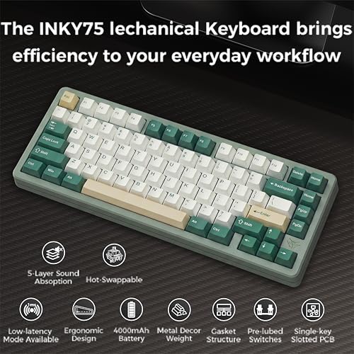 Image of MK INKY75 CNC Aluminum Mechanical Keyboard Triple-Mode Connectivity Gaming Keyboard, 75% Layout Mechanical Keyboard,with Superior Acoustics, Creamy Sounding, RGB /HMX /4000mAh(Green)