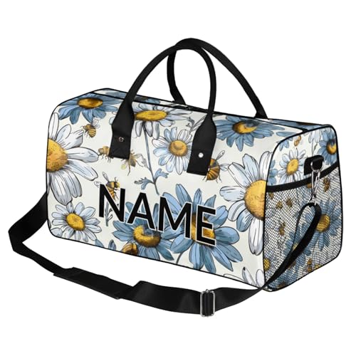 Personalized Floral Daisy Travel Duffel Bag with Name, Custom Gym Sport Bag Yellow Bee Carry On Weekend Overnight Duffel Bag for Men Women2