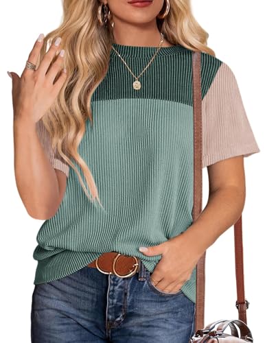 Zeagoo Womens Casual Summer Tops Short Sleeve T Shirts Crewneck Basic Tees Blouses Color Block Tunic Tops