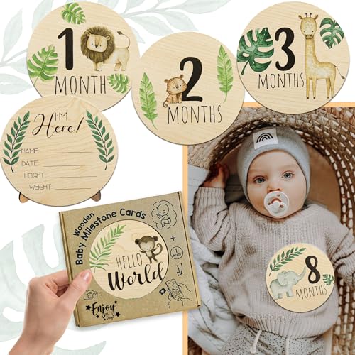 Wooden Baby Monthly Milestone Cards with Announcement Sign, Pregnancy and Baby Shower Gifts for Boys and Girls, Newborn Photography Props
